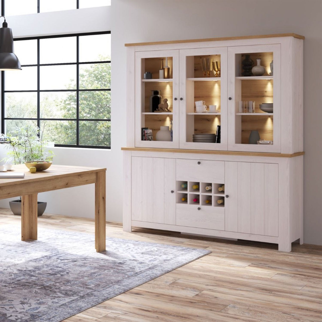 Celesto 2 Door 2 Drawer Sideboard with 3 Door Display Top Unit in White and Oak