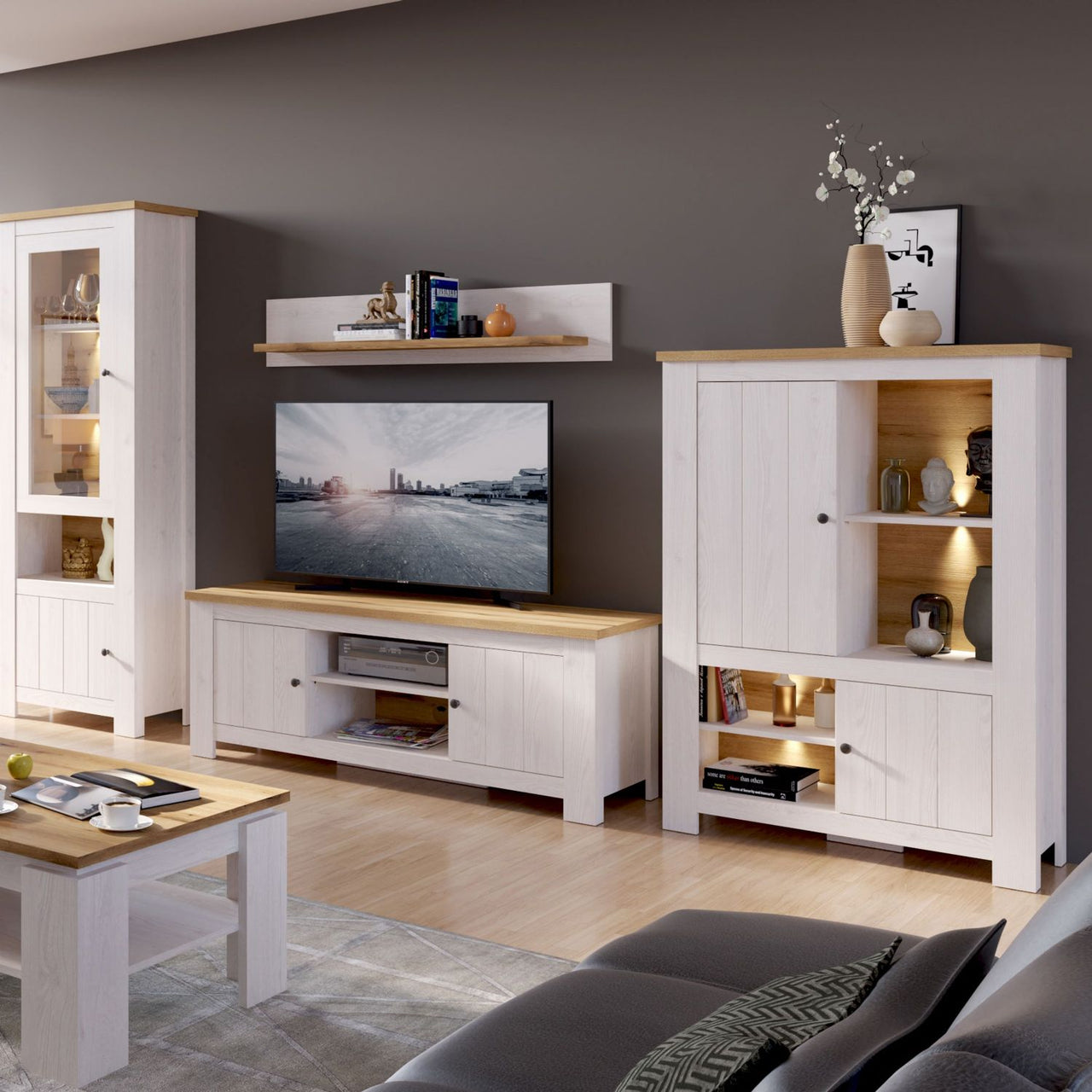 Celesto 2 Door Wide TV Unit in White and Oak