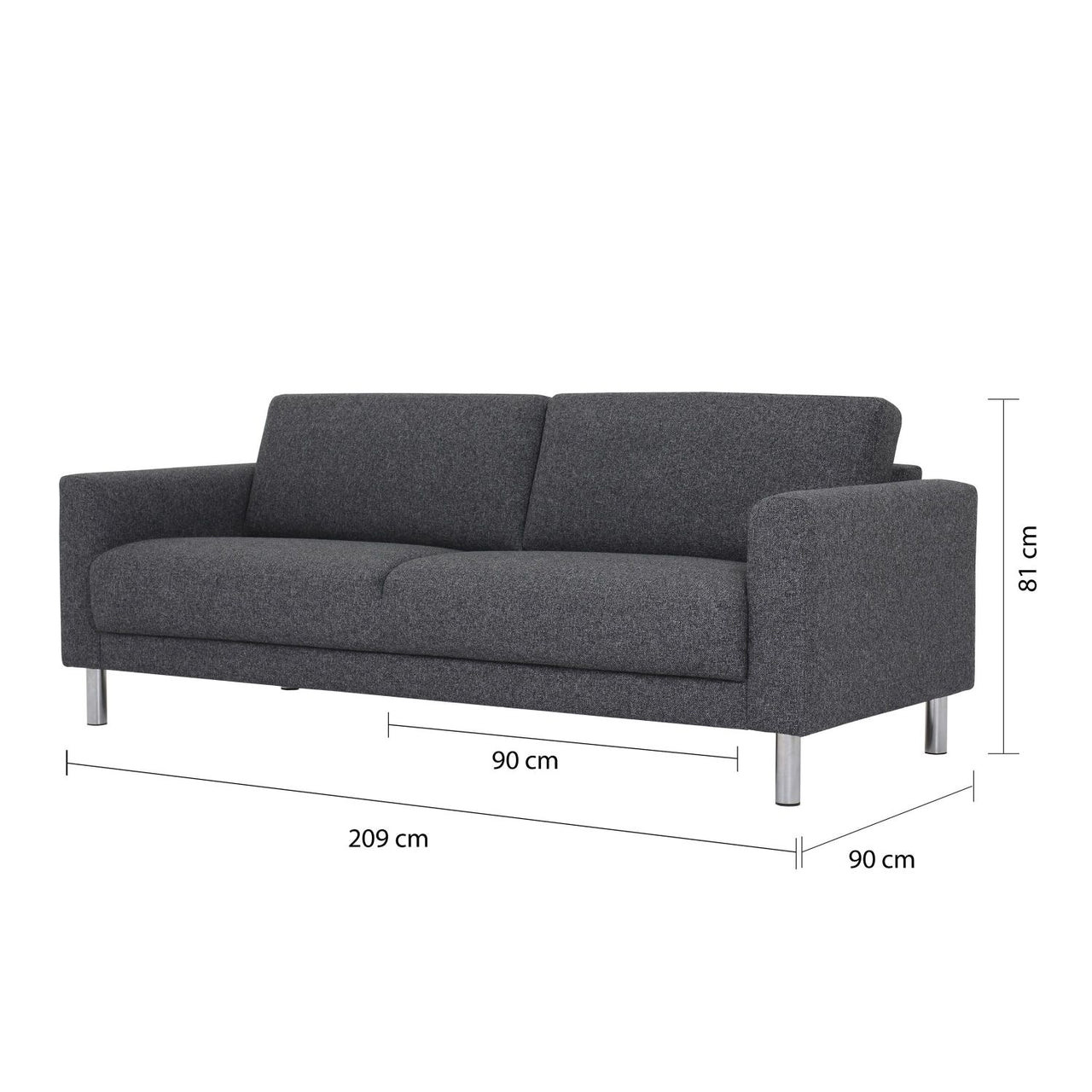 Modern Dark Grey Fabric 3 Seater Sofa on Chrome Feet