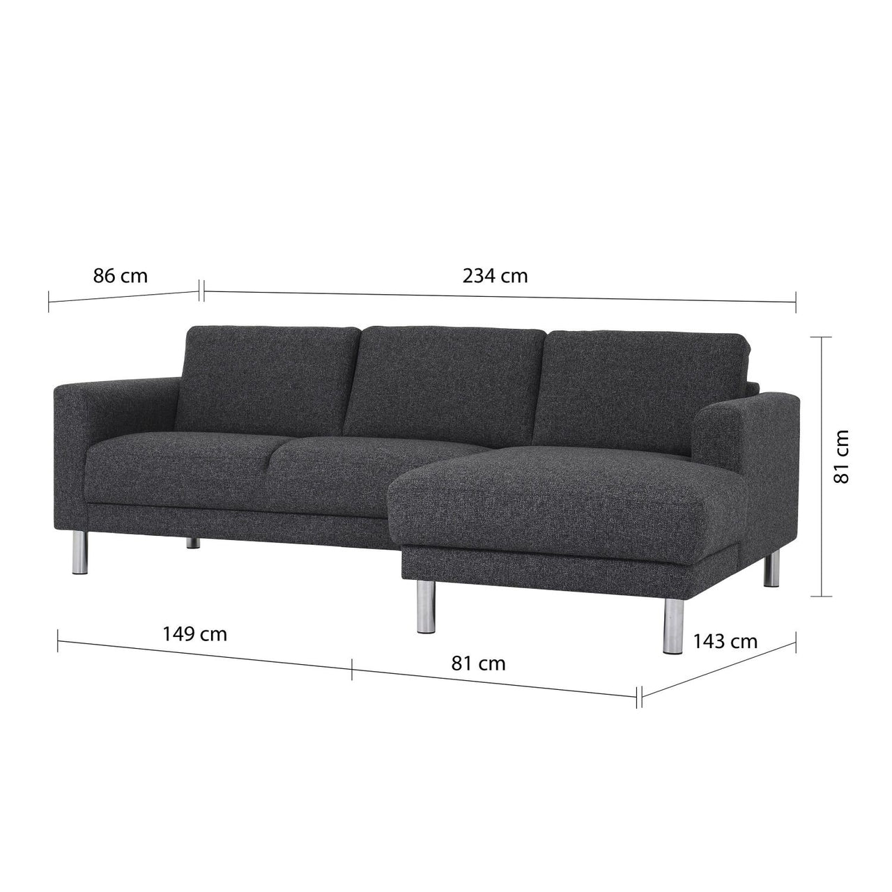 Dark Grey Fabric Right Hand Corner Chaise Sofa on Chrome Metal Legs