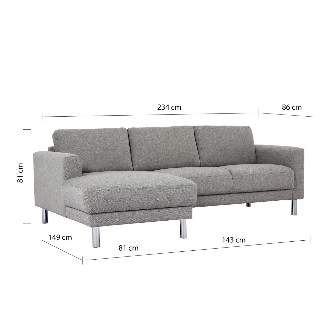 Nova Light Grey Fabric Left Hand Corner Chaise Sofa on Chrome Metal Legs