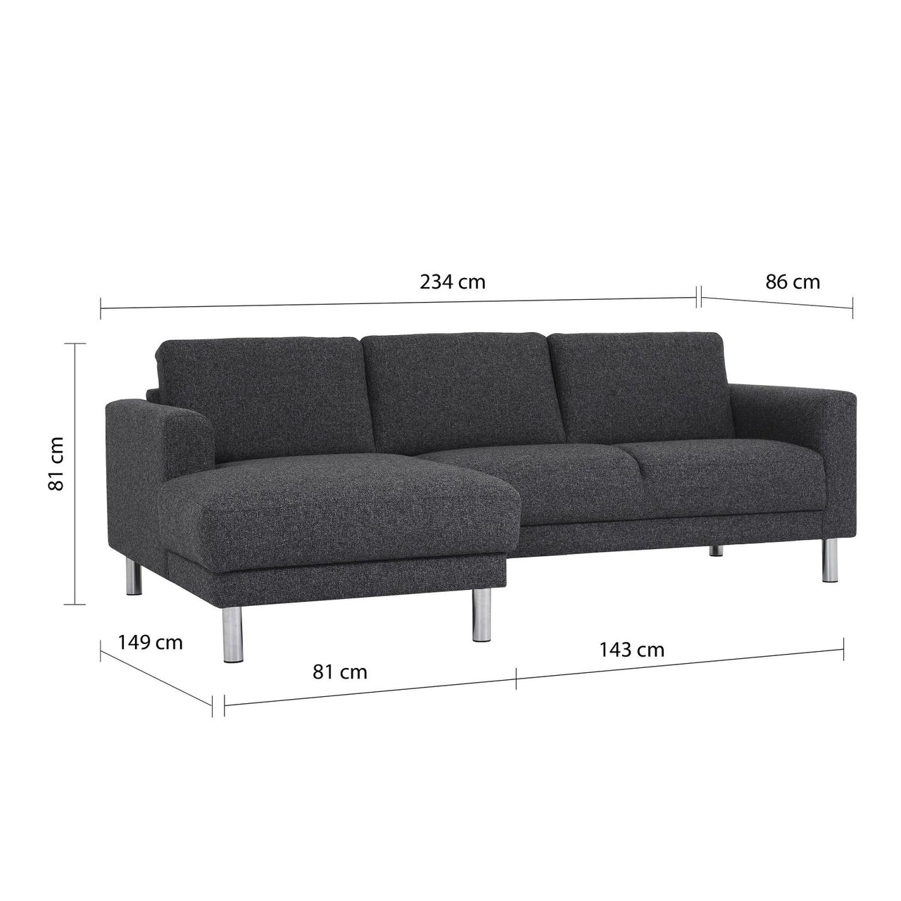 Modern Dark Grey Fabric Left Hand Corner Chaise Sofa on Chrome Metal Legs