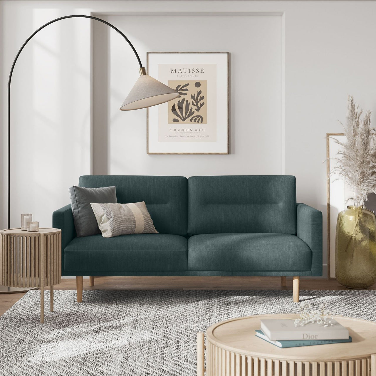 Trendy Wide Dark Green Fabric 2.5 Seater Living Sofa With Oak Legs