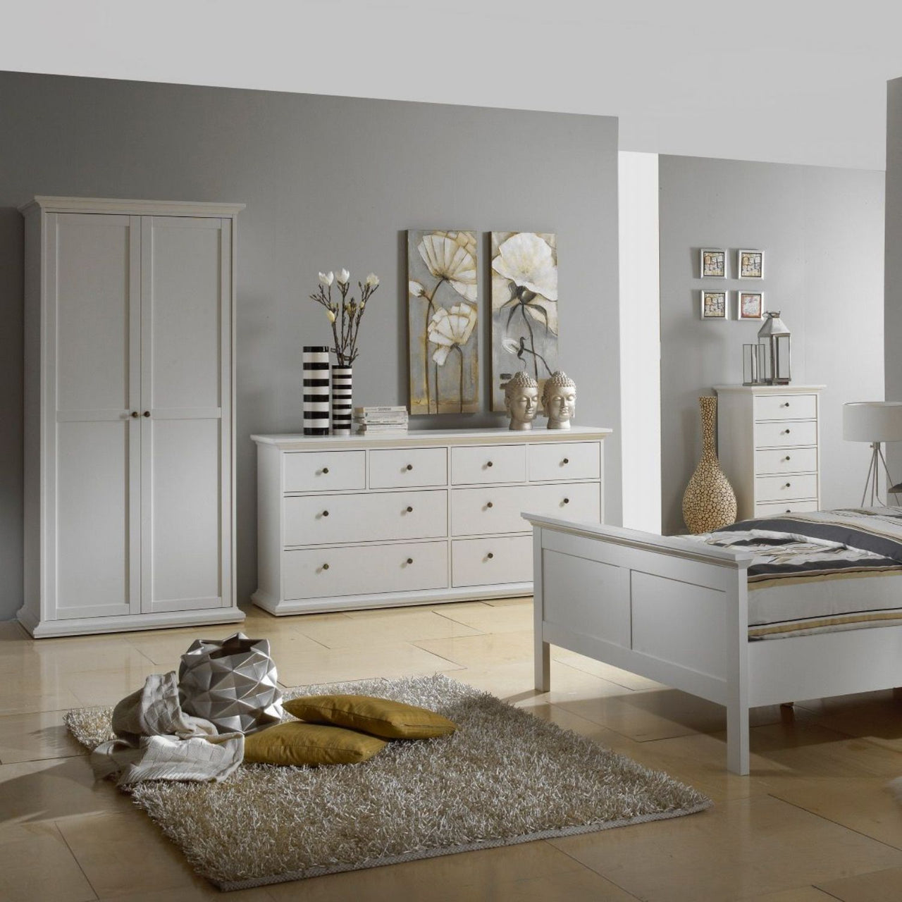 Paris Package Bedside 2 Drawers in + Chest of 4 Drawers + Wardrobe with 2 Doors White