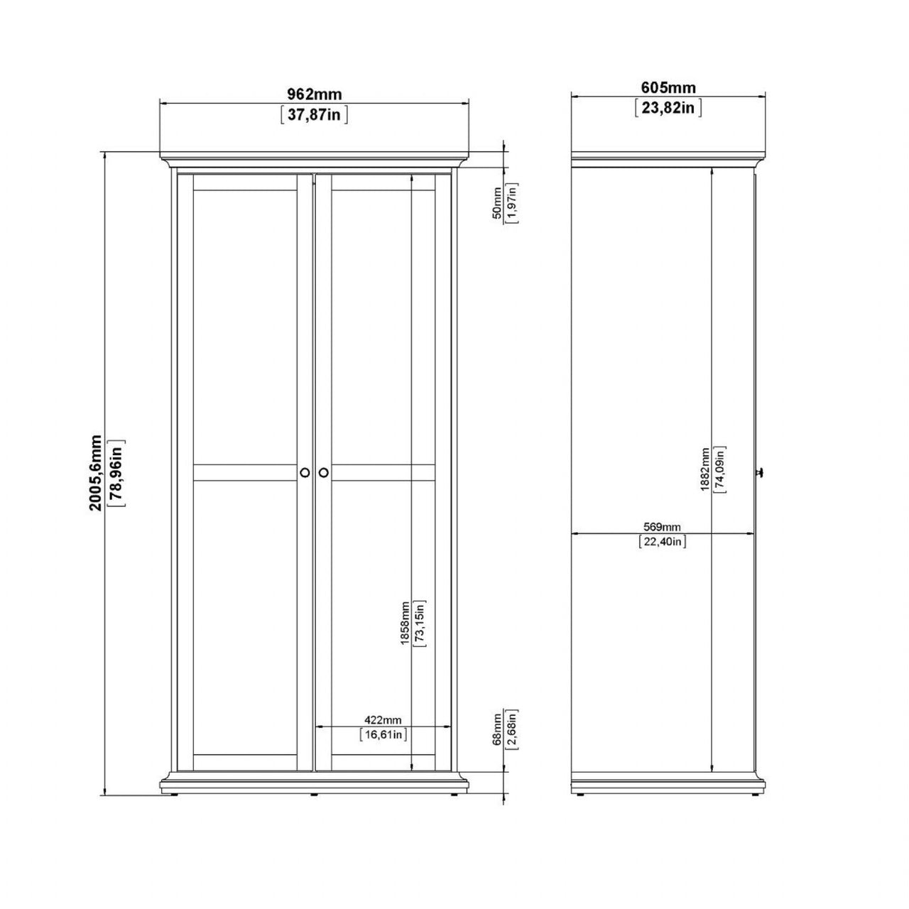 Paris Package Bedside 2 Drawers in + Chest of 4 Drawers + Wardrobe with 2 Doors White