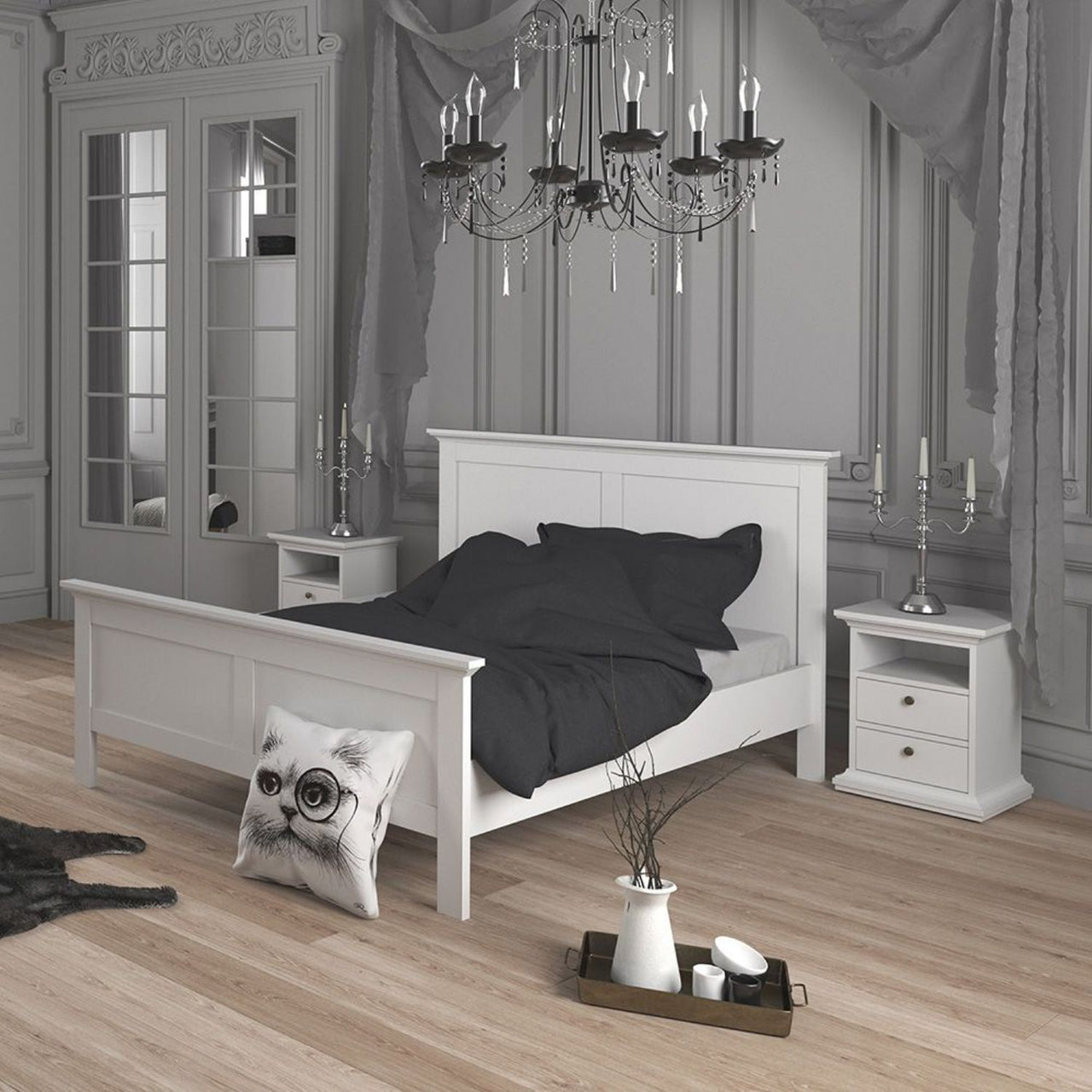 Paris Package Bedside 2 Drawers in + Chest of 4 Drawers + Wardrobe with 2 Doors White