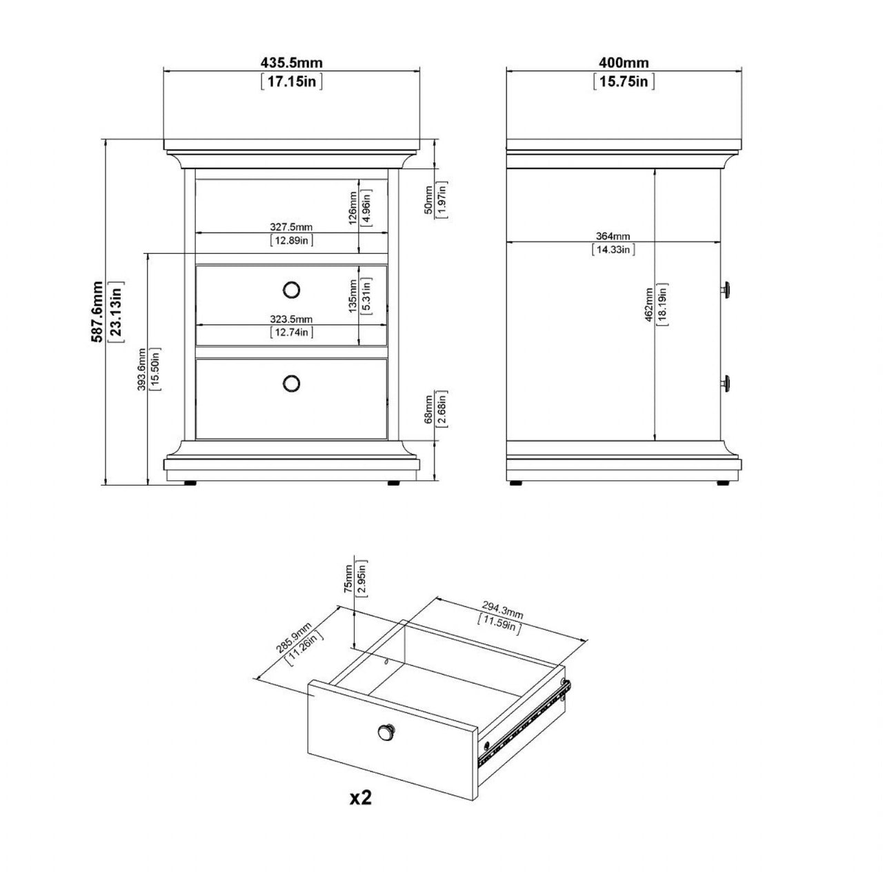 Paris Package Bedside 2 Drawers in + Chest of 4 Drawers + Wardrobe with 2 Doors White