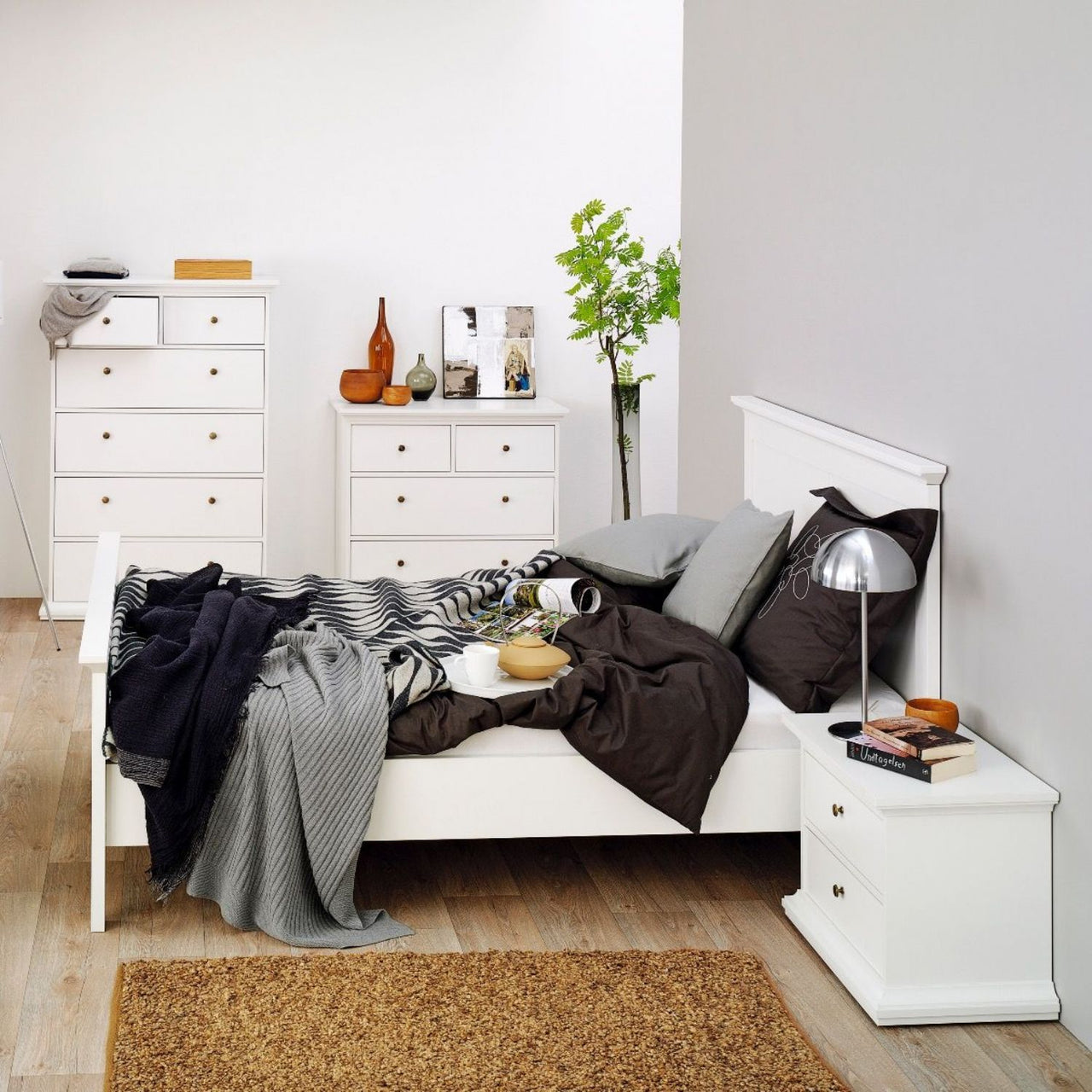 Paris Package Bedside 2 Drawers in + Chest of 4 Drawers + Wardrobe with 2 Doors White