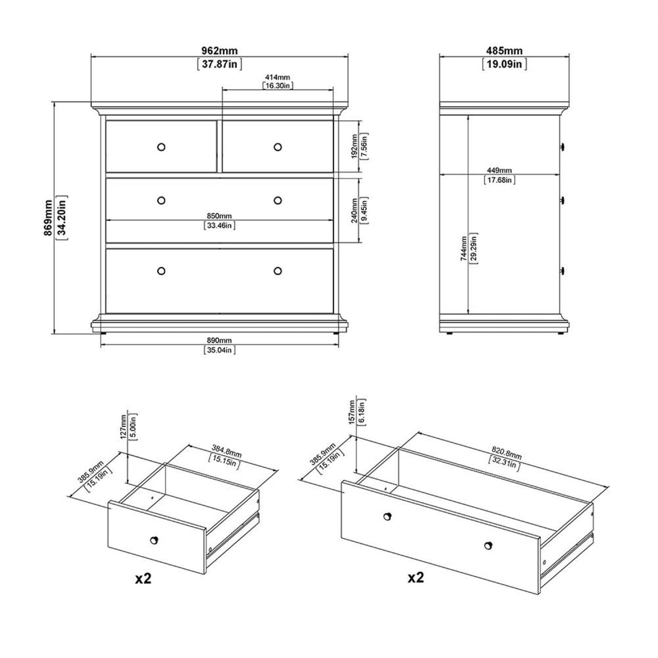 Paris Package Bedside 2 Drawers in + Chest of 4 Drawers + Wardrobe with 2 Doors White