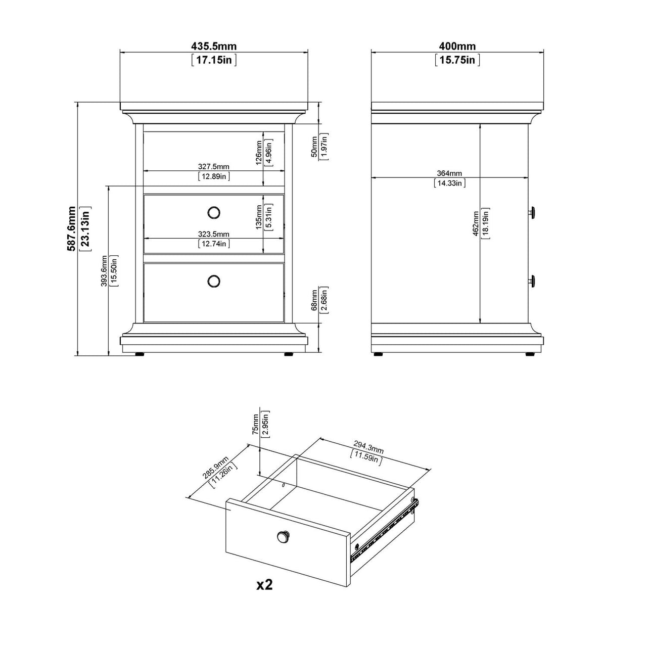 White 2 Drawer Bedside Cabinet