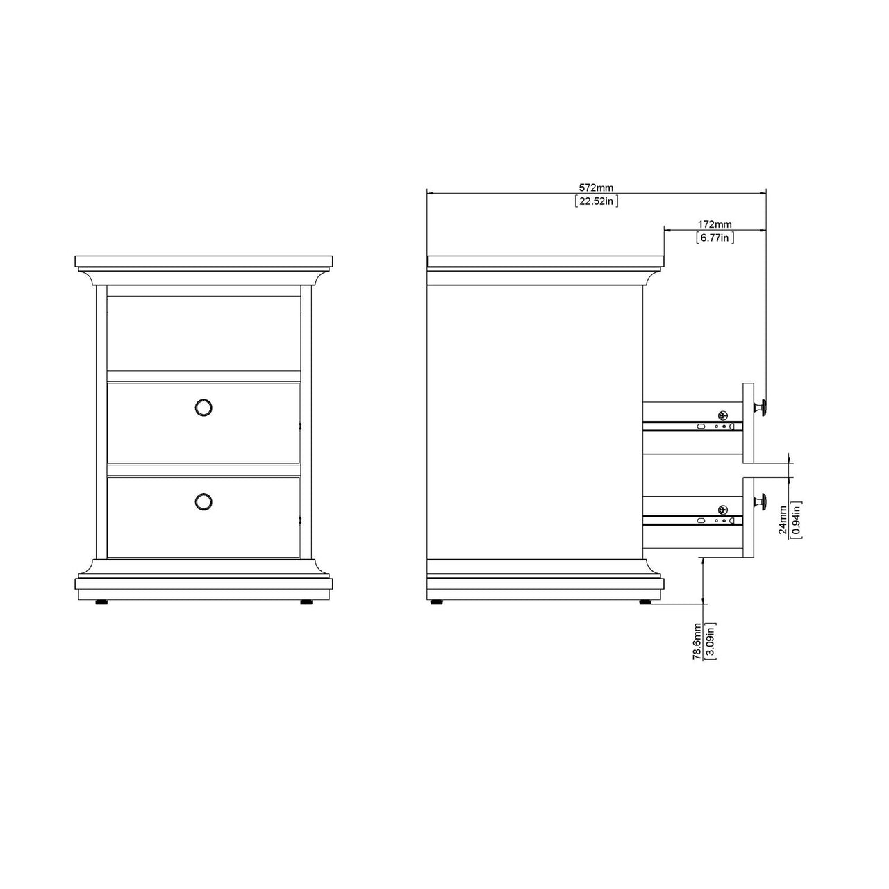 White And Oak Top 2 Drawer Bedside Cabinet With Metal Knobs