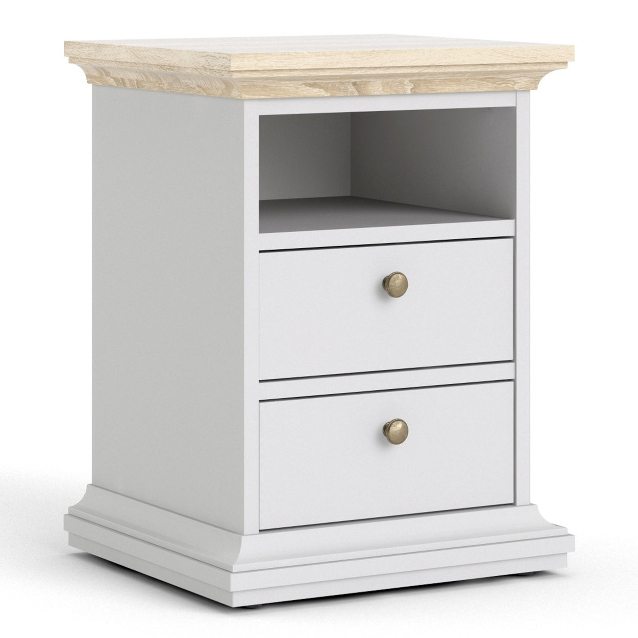 White And Oak Top 2 Drawer Bedside Cabinet With Metal Knobs