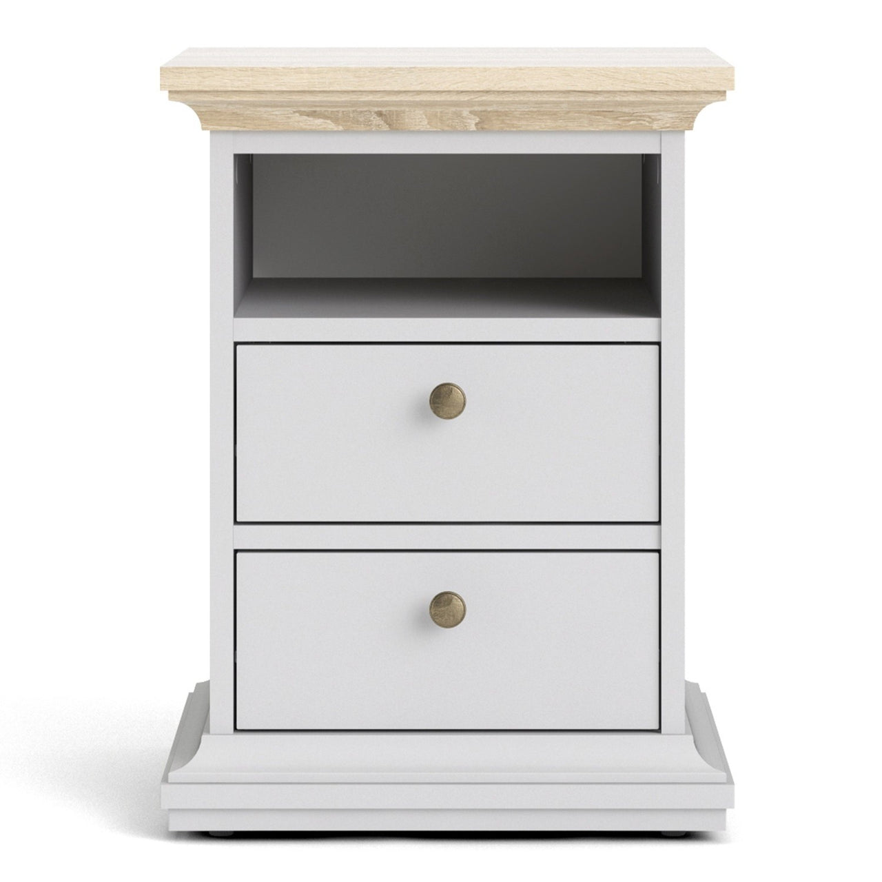 White And Oak Top 2 Drawer Bedside Cabinet With Metal Knobs