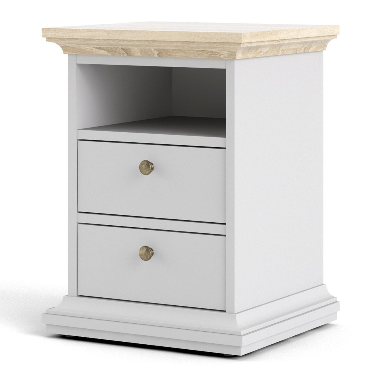 White And Oak Top 2 Drawer Bedside Cabinet With Metal Knobs