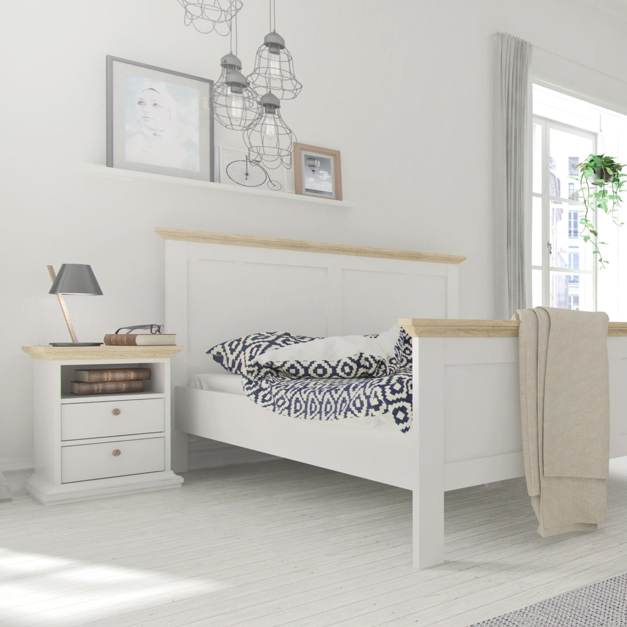 White And Oak Top 2 Drawer Bedside Cabinet With Metal Knobs