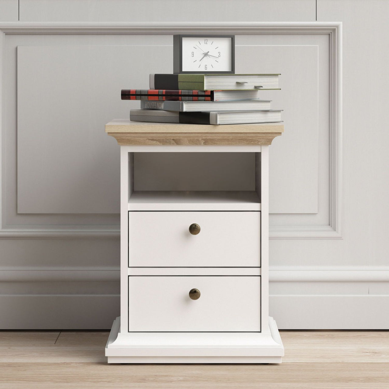 White And Oak Top 2 Drawer Bedside Cabinet With Metal Knobs