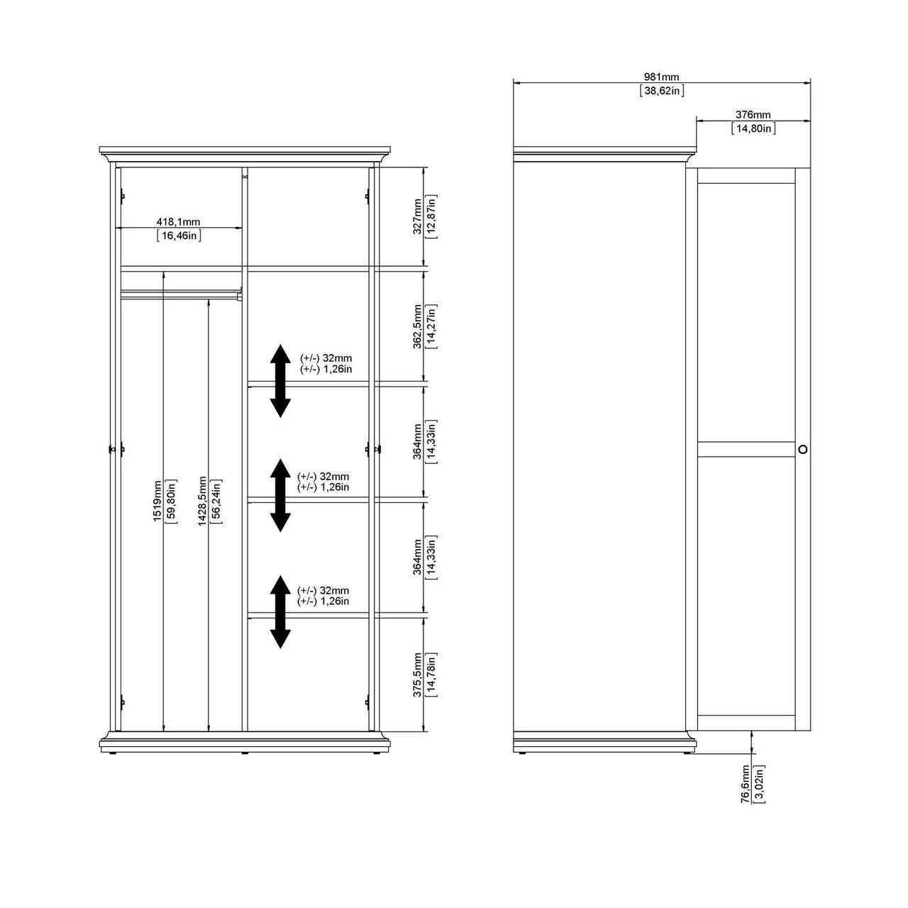 Tall White Cornice Top 2 Door Double Wardrobe