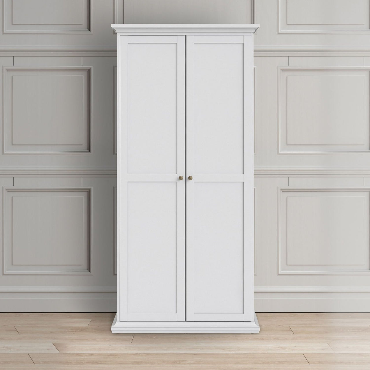 Tall White Cornice Top 2 Door Double Wardrobe