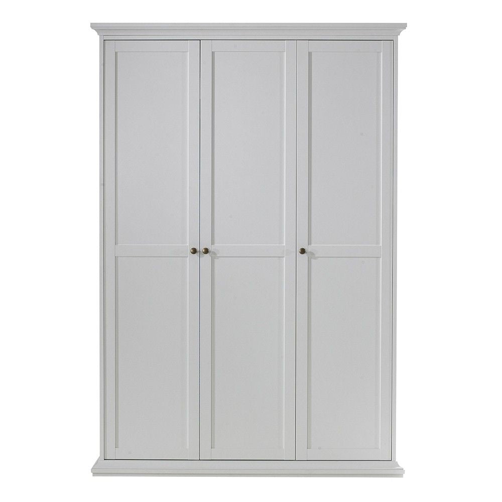 White 3 Door Triple Wardrobe with Shelves Metal Round Knobs