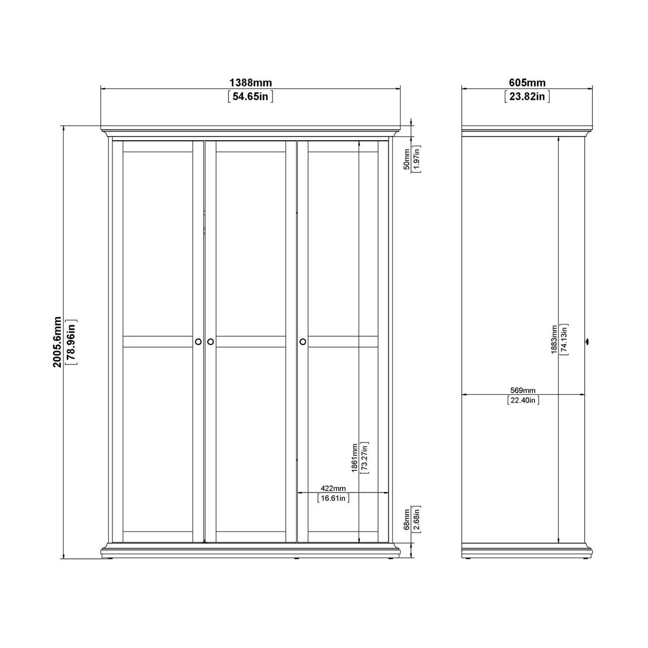 White 3 Door Triple Wardrobe with Shelves Metal Round Knobs