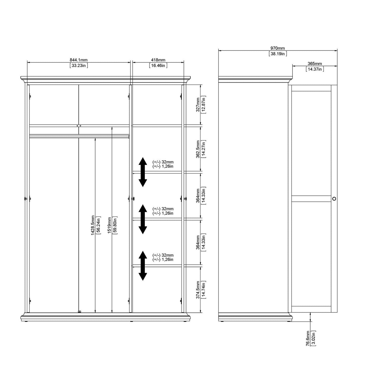 White 3 Door Triple Wardrobe with Shelves Metal Round Knobs