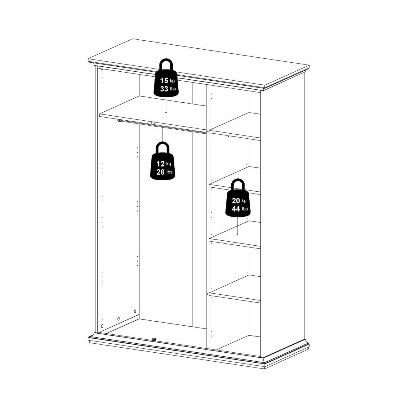 White 3 Door Triple Wardrobe with Shelves Metal Round Knobs