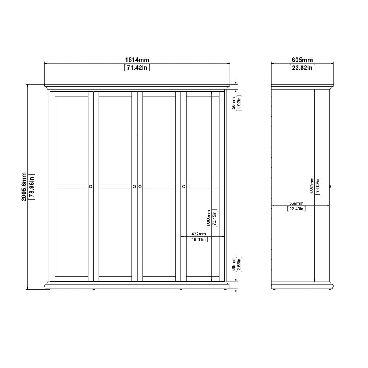 White Large 4 Door Quadruple Wardrobe With Metal Handles