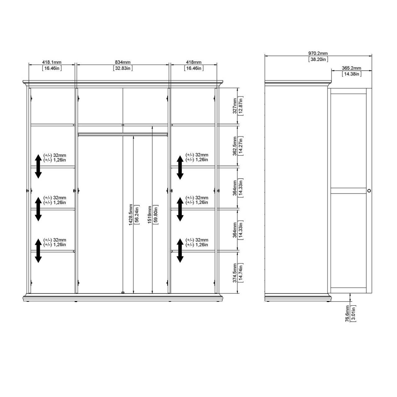 White Large 4 Door Quadruple Wardrobe With Metal Handles