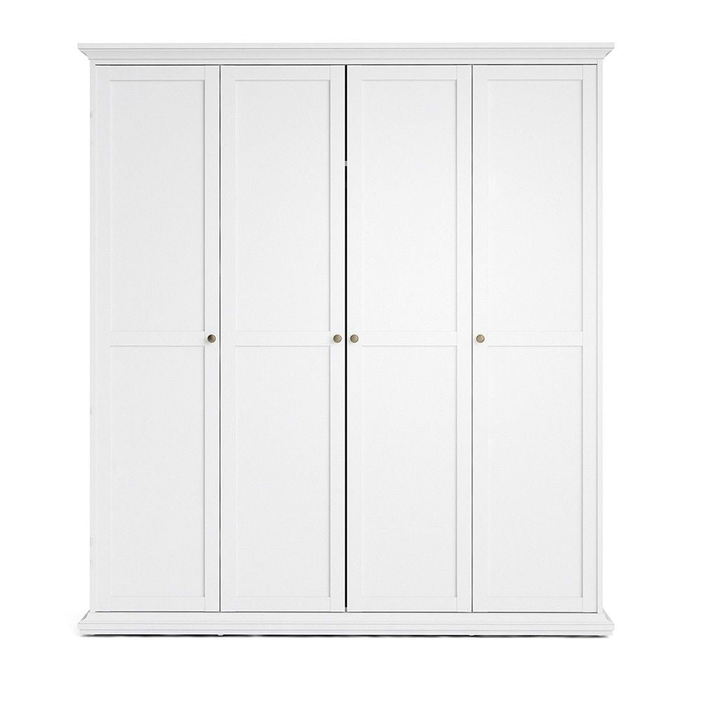 White Large 4 Door Quadruple Wardrobe With Metal Handles