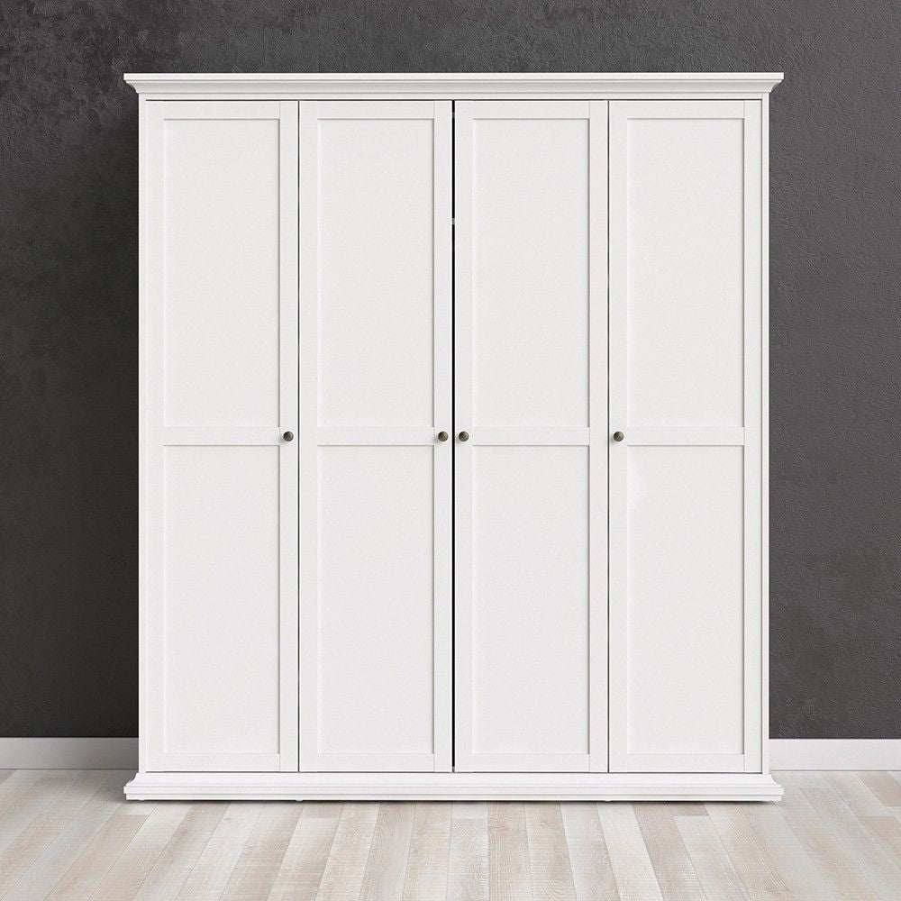 White Large 4 Door Quadruple Wardrobe With Metal Handles