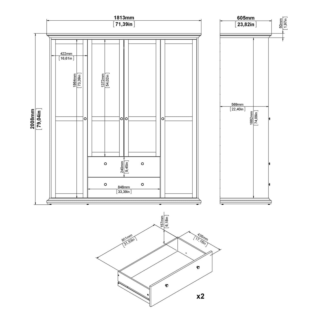 Matt Grey Large 4 Door 2 Drawer Wardrobe