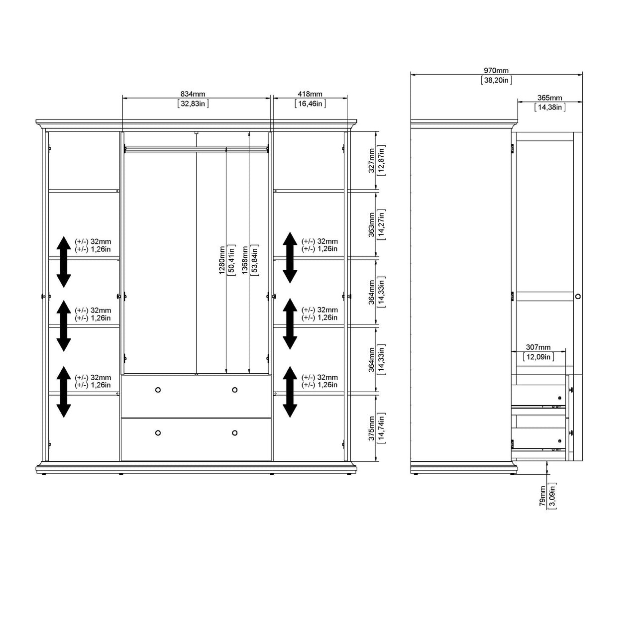 Matt Grey Large 4 Door 2 Drawer Wardrobe