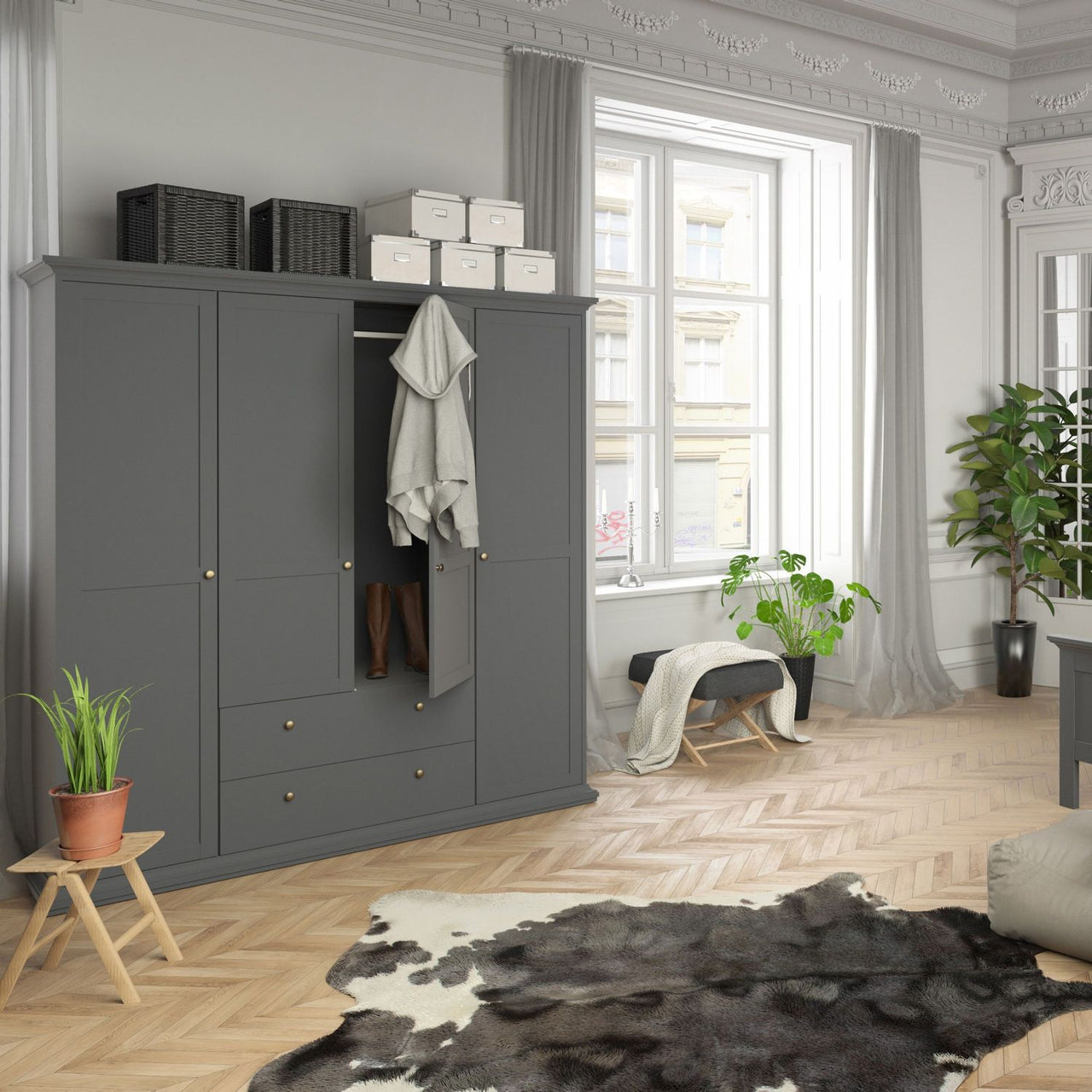 Matt Grey Large 4 Door 2 Drawer Wardrobe