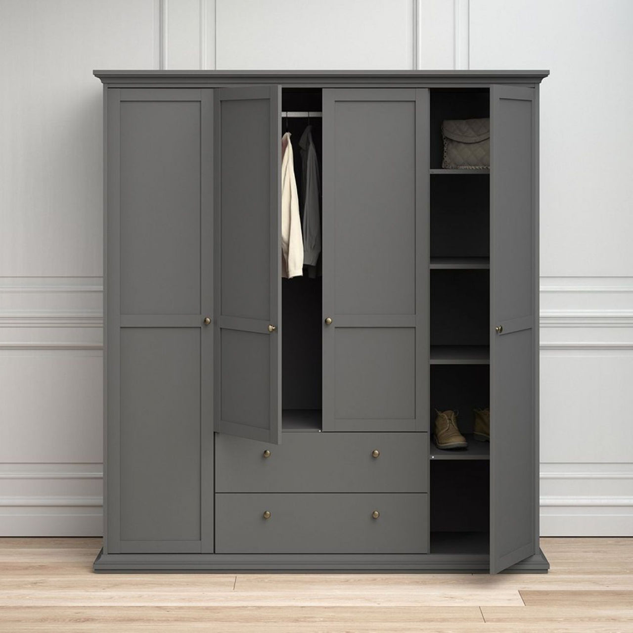 Matt Grey Large 4 Door 2 Drawer Wardrobe