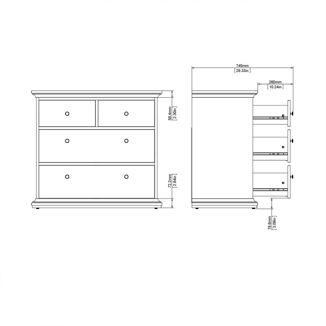 Chest of 4 Drawers White with Oak Top 96cm Wide