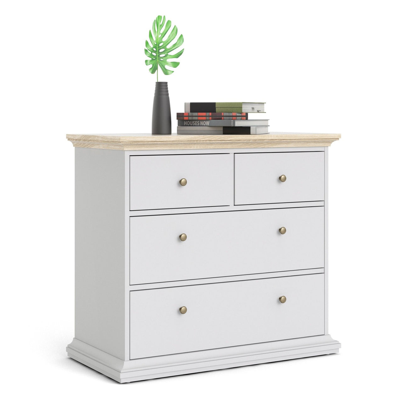 Chest of 4 Drawers White with Oak Top 96cm Wide