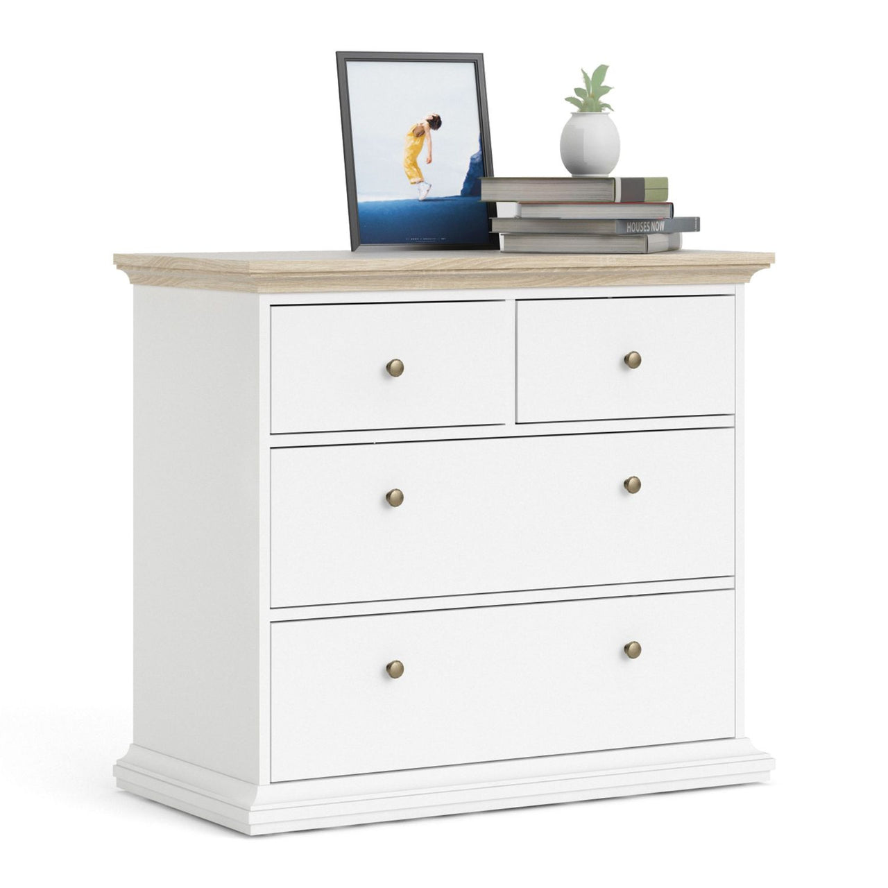 Chest of 4 Drawers White with Oak Top 96cm Wide