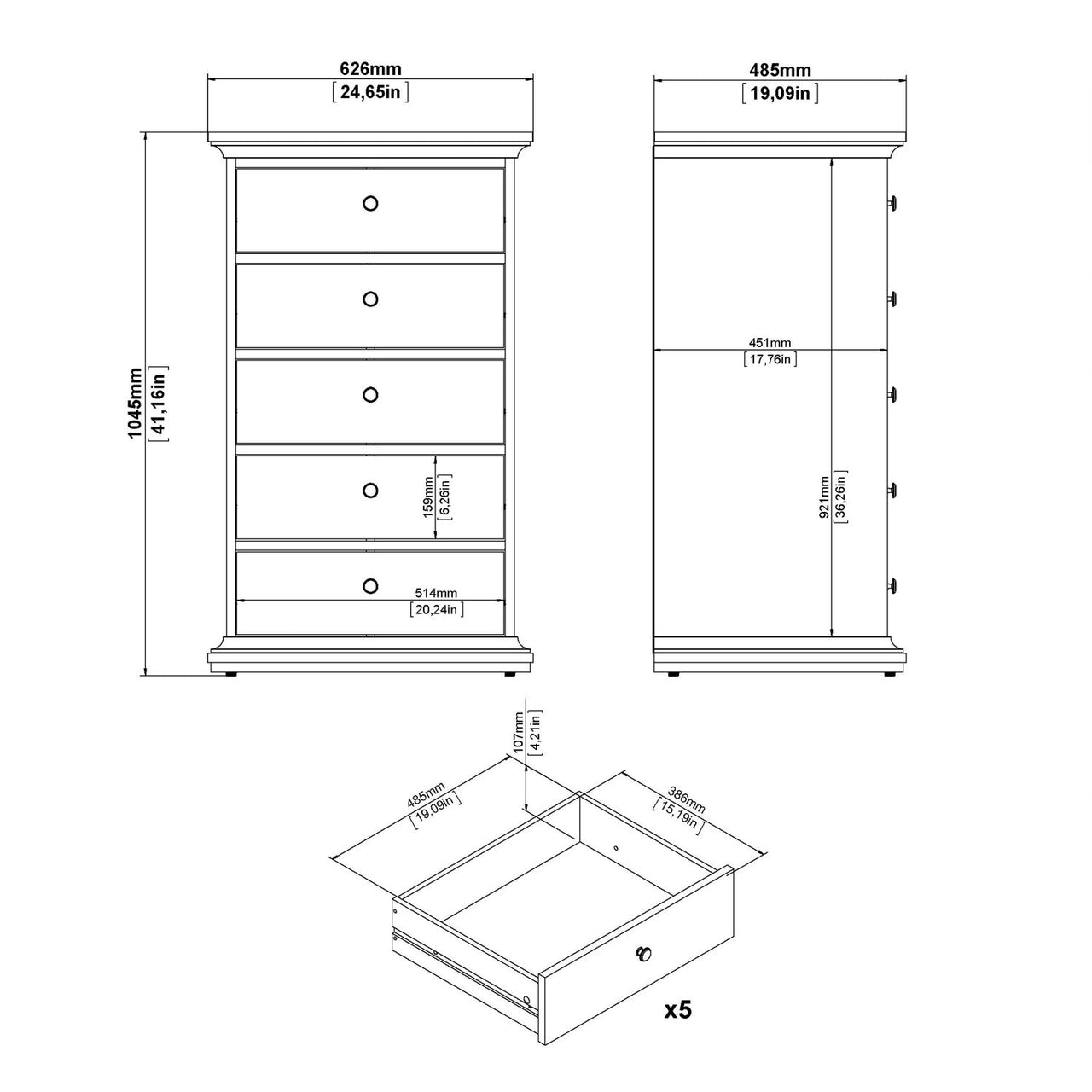 Paris Chest 5 drawers in White