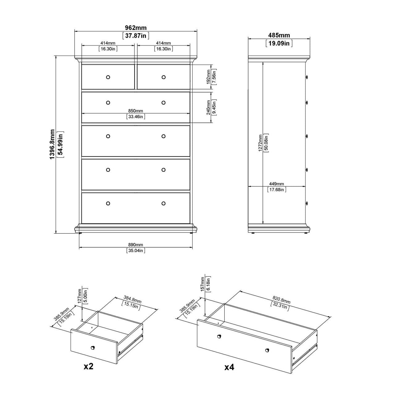 White Tall and Wide 2 Over 4 Chest of 6 Drawers