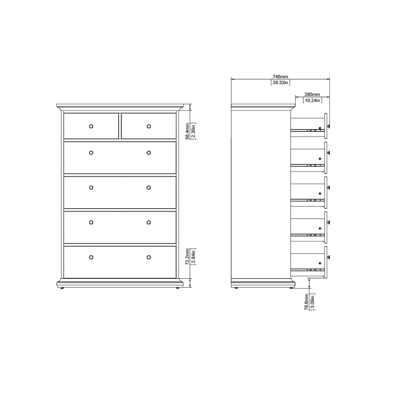 White Tall and Wide 2 Over 4 Chest of 6 Drawers