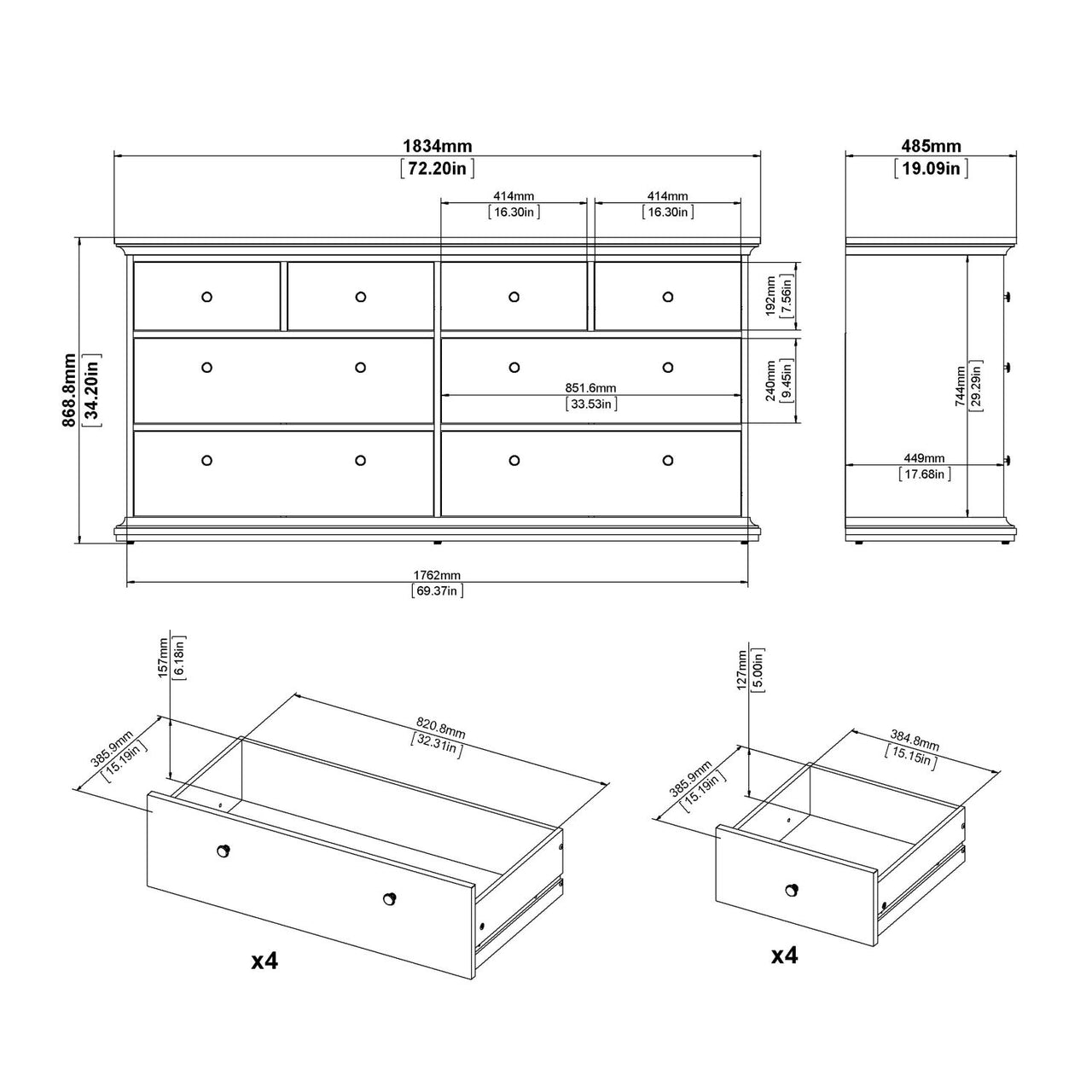 Large 180cm Wide White 8 Drawer Chest of Drawers