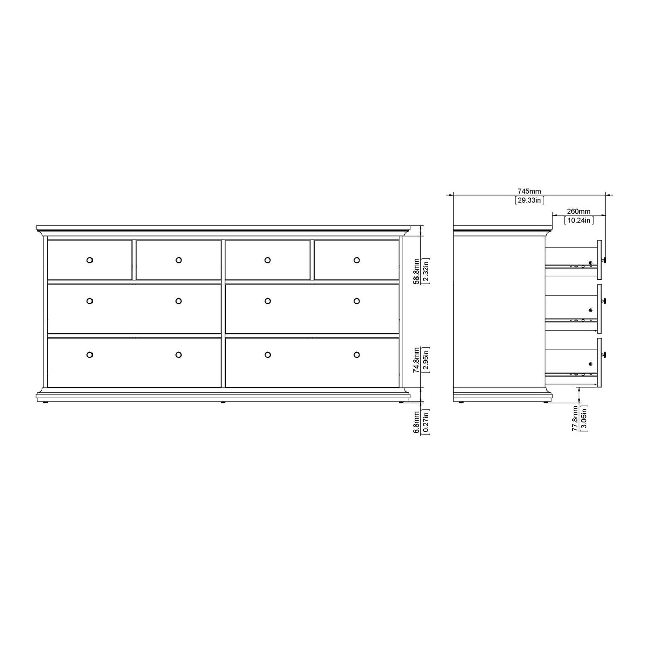 Large 180cm Wide White 8 Drawer Chest of Drawers