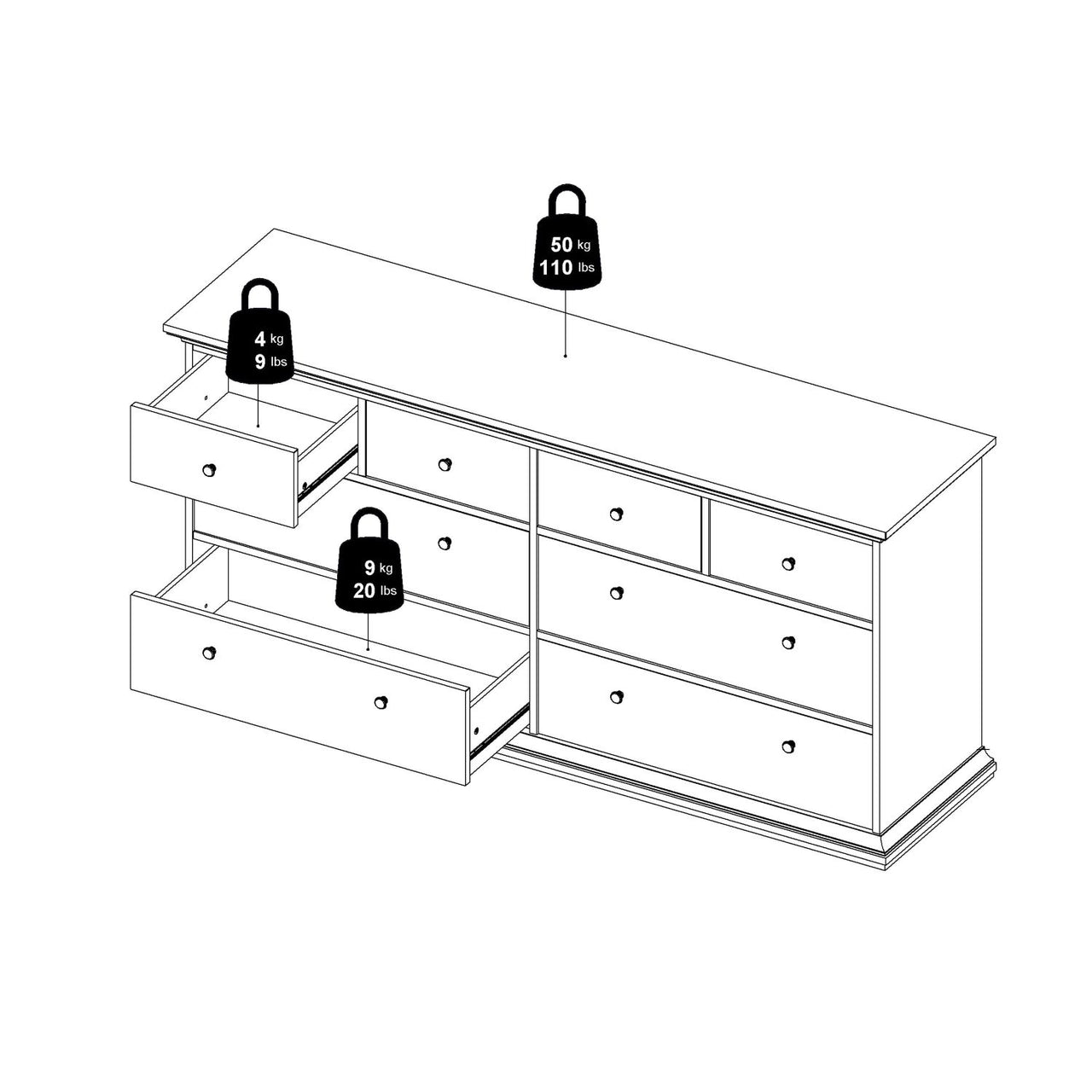 Large 180cm Wide White 8 Drawer Chest of Drawers