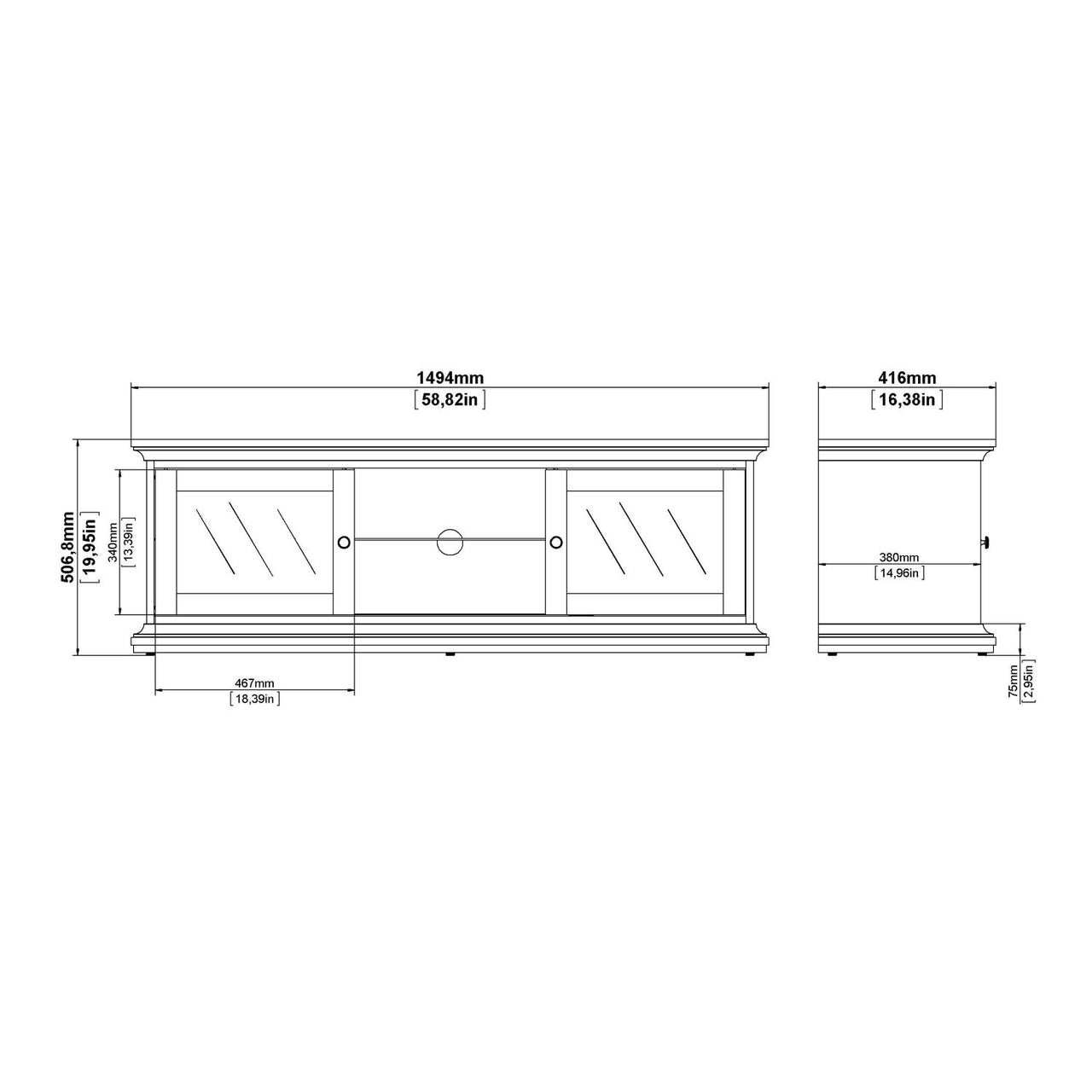 White TV Unit Wide 2 Doors 1 Shelf 150cm Wide