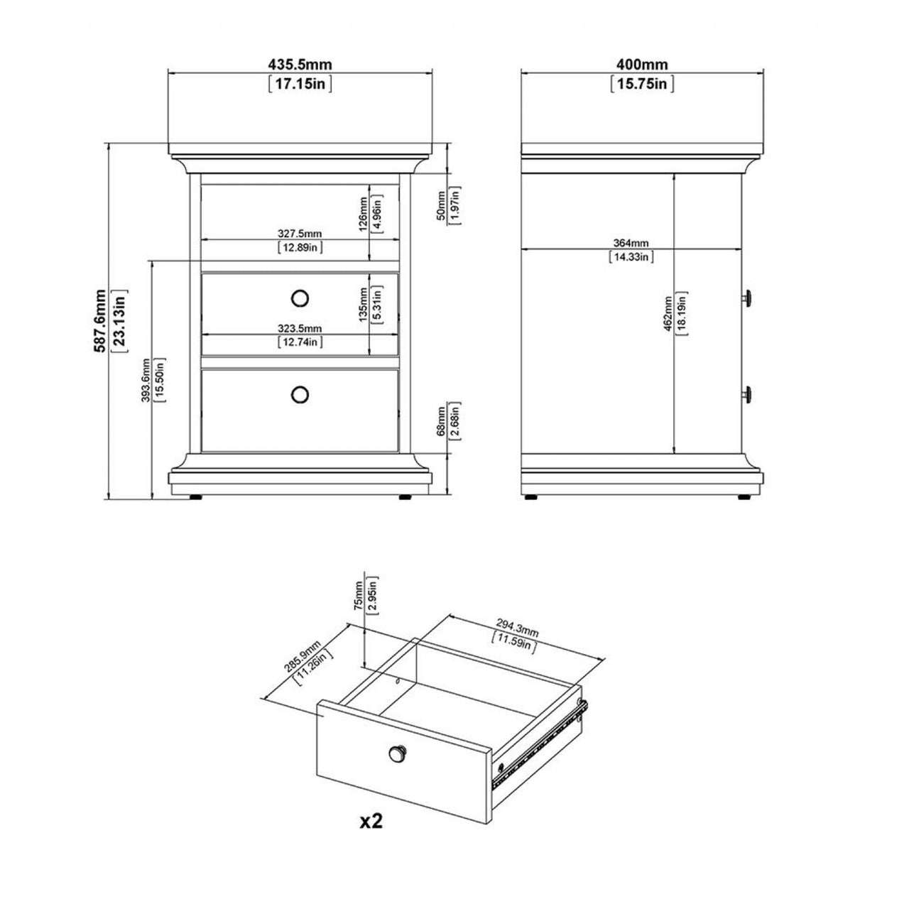 Paris Package Bedside 2 Drawers in + Chest of 4 Drawers + Wardrobe with 2 Doors Matt Grey