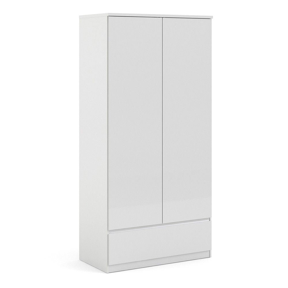 Traditional White High Gloss 2 Door Double Wardrobe with Drawer