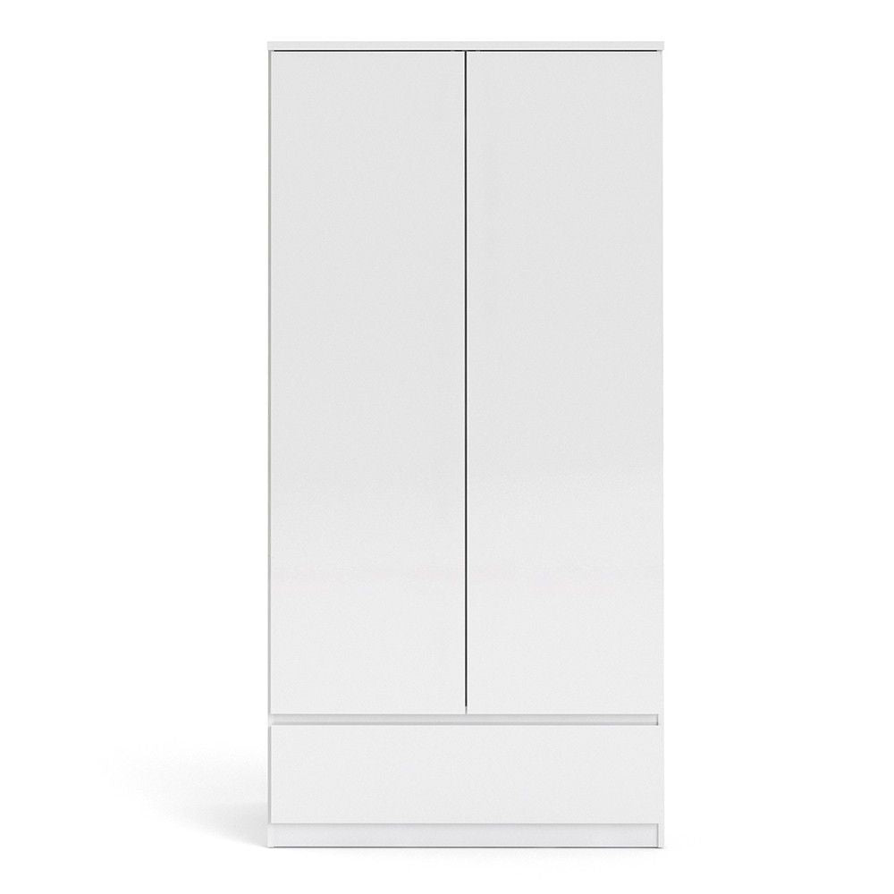 Traditional White High Gloss 2 Door Double Wardrobe with Drawer