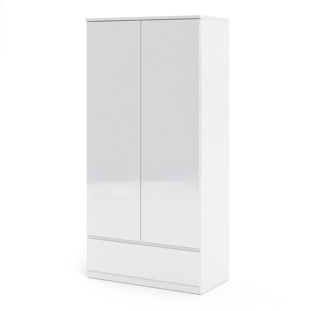 Traditional White High Gloss 2 Door Double Wardrobe with Drawer