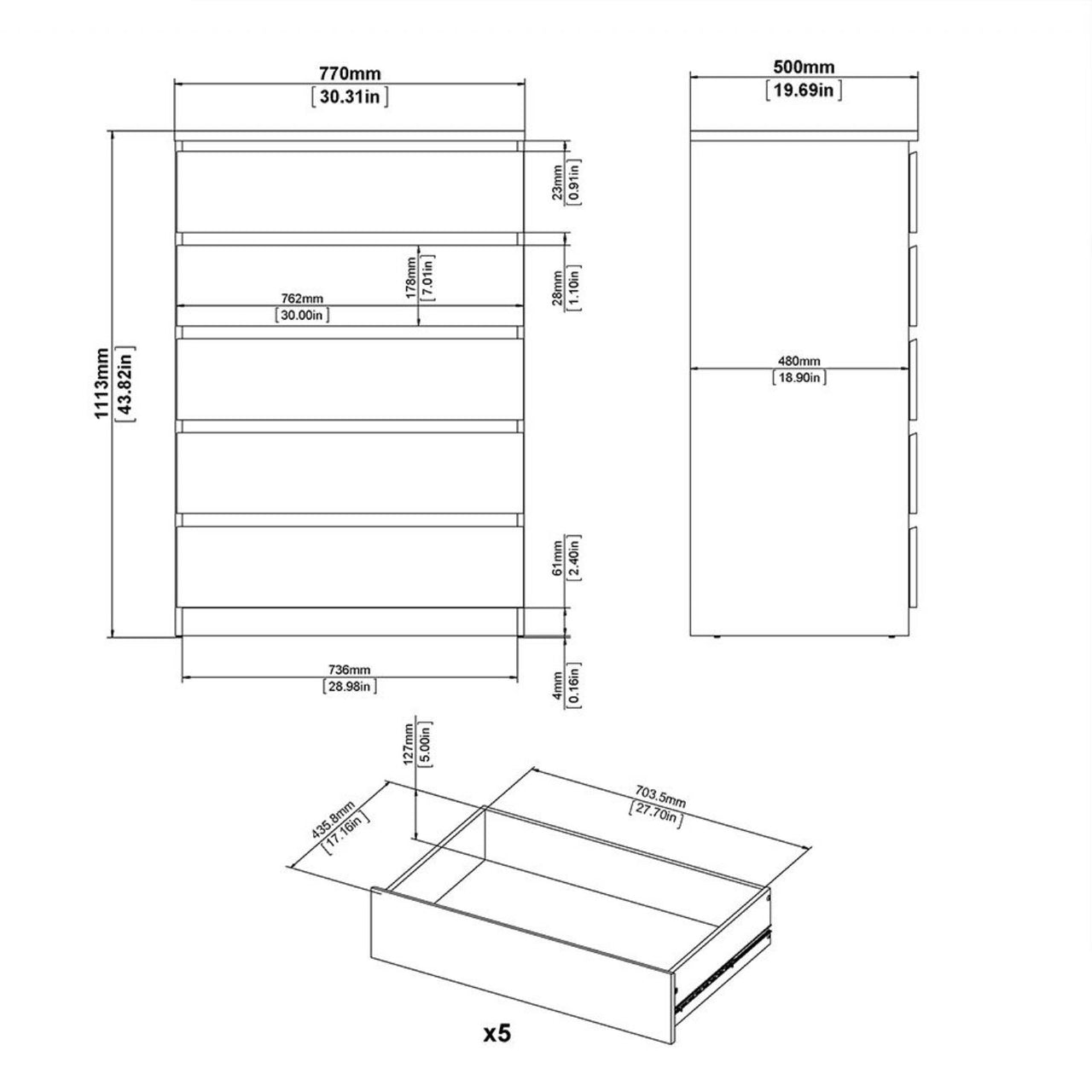 Black Matt Chest of 5 Drawers