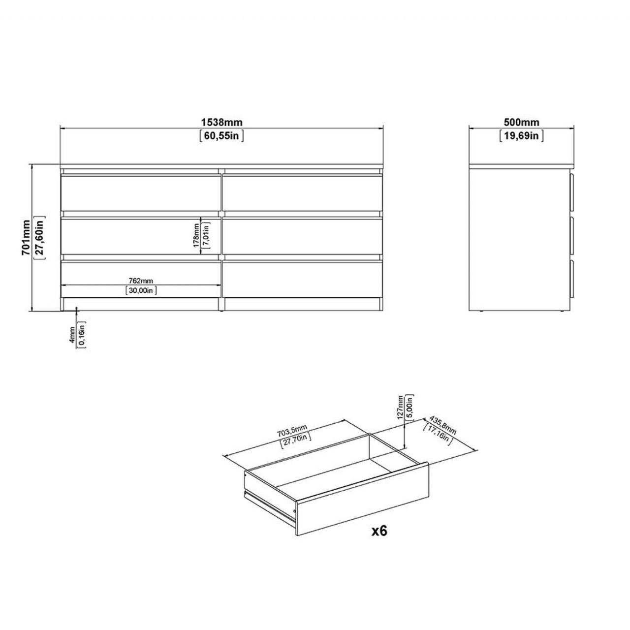 Wide Matt Black 6 Drawer Chest With Recessed Handles